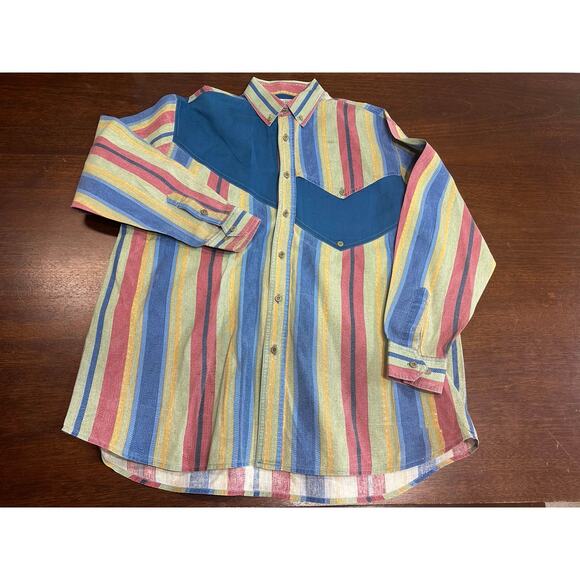 VTG Western Cowboy Retro Button Shirt Men Large Aztec 90s Stripes Stain Starched - Picture 1 of 12